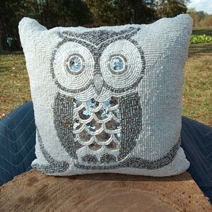 Beaded Owl Decorative Pillow - Gray and White